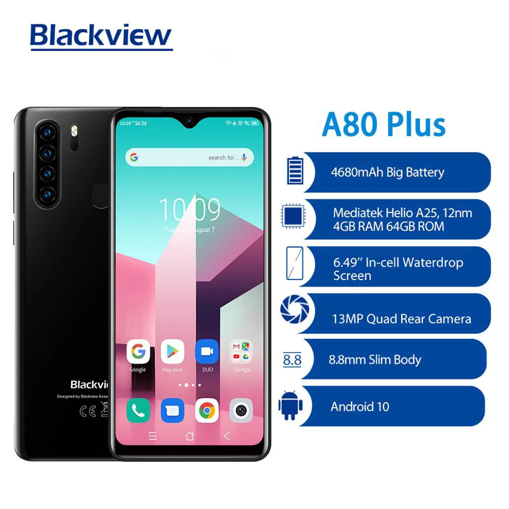 Смартфон Blackview A80 Plus глобальная версия дюйма 4 камеры 13 МП + 64 ГБ 4680 мА · ч Android 10