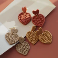 fall winter handmade cute knitting braided pattern heart shape multi solid colors polymer clay earring dangle sets women jewelry