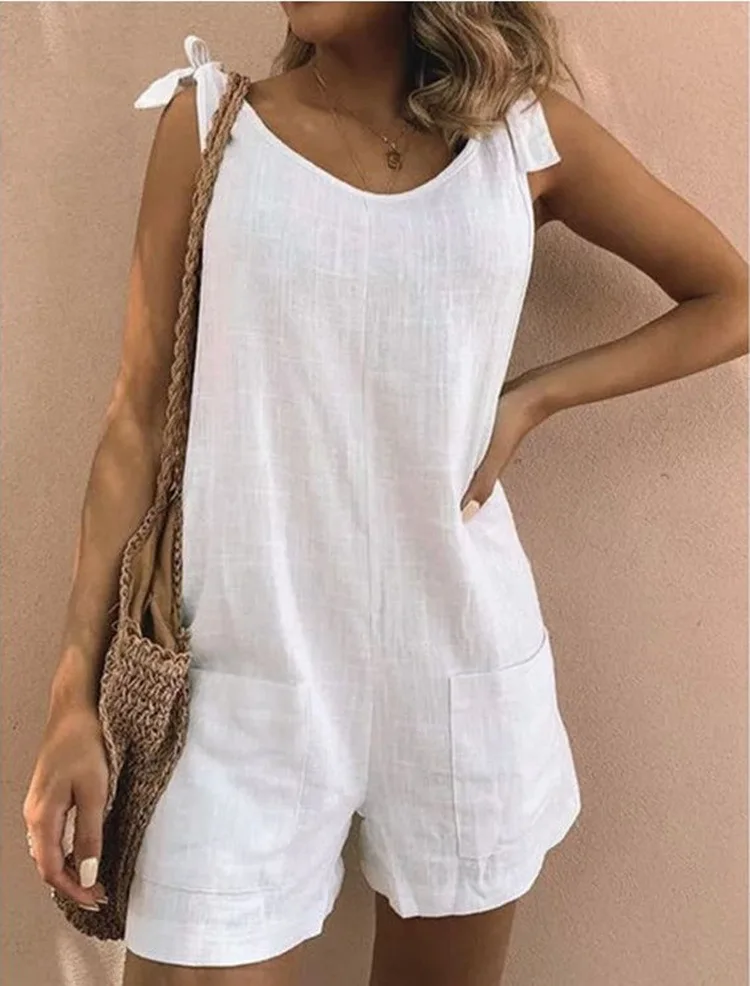 

Women Casual Short Jumpsuit V Neck Lacing Sleeveless Solid Color Folds Loose Casual Streetwear Fashion Daily Travel Summer 2021