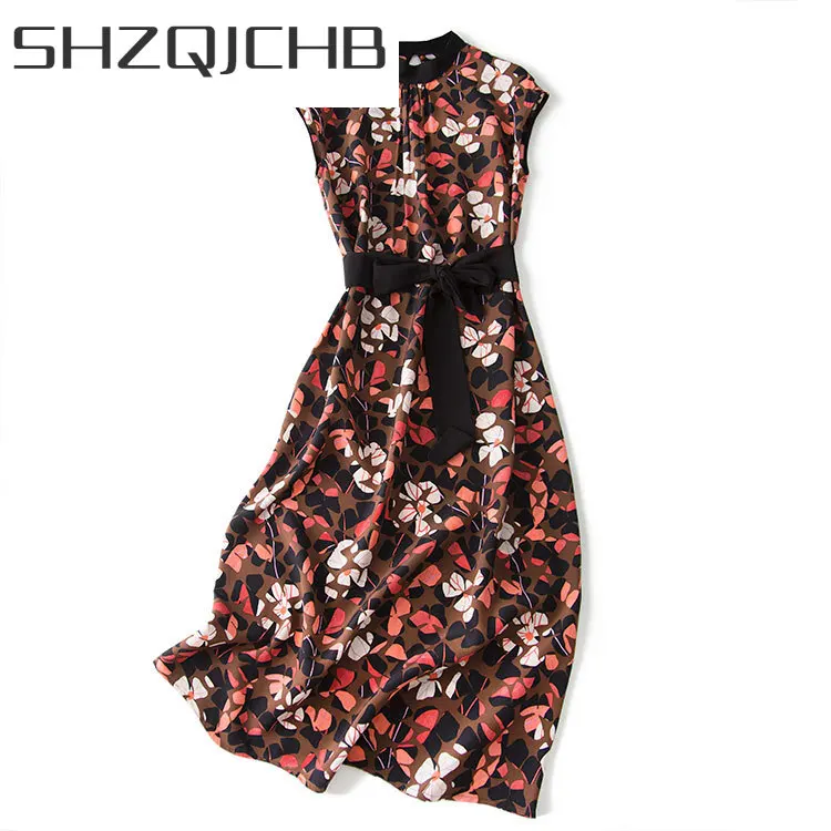 

SHZQ Summer Dress Women Real Silk Dresses Vintage Sleeveless Long Vestidos Female Beach Evening Party Ropa Mujer Dresses A0319