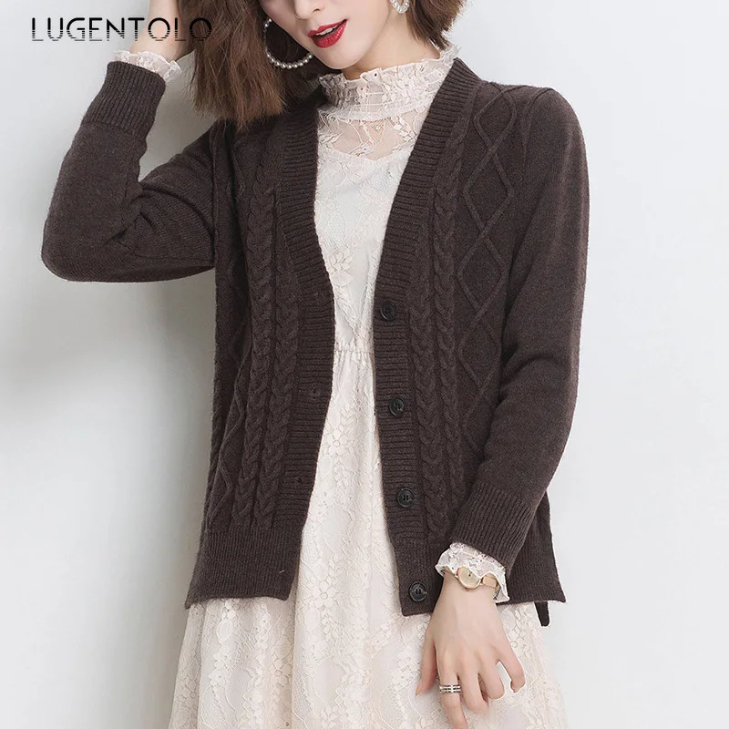 

Women's Sweater Spring Autumn New V-neck Loose Fashion All-match Cardigan Button Solid Caual Twist Lady Sweaters Lugentolo