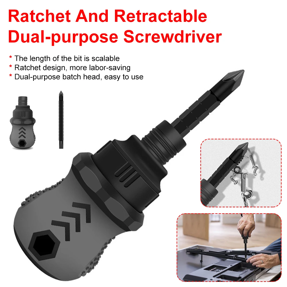 

Slotted 2 in 1 Mini Screwdriver Dual-purpose Batch Head Telescopic Labor-Saving Screwdriver Hand Tool Ratcheting Dual-Use