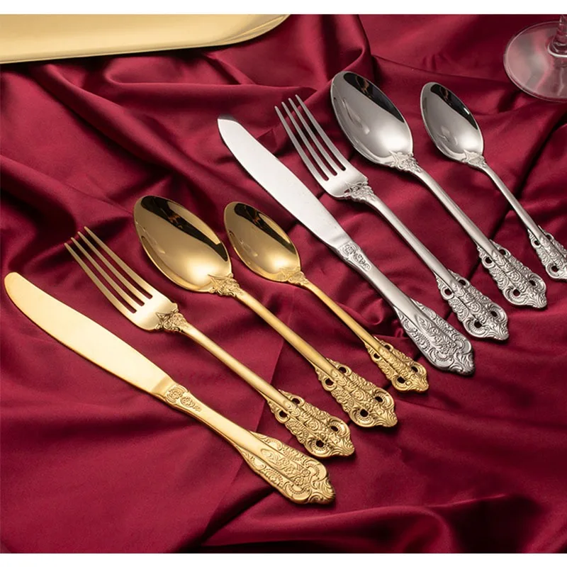 

4PCs Vintage Palace Wind Stainless Steel Tableware Set Knifes Spoons Forks Set Cutlery Dishwasher Safe Home Party Dinnerware Set