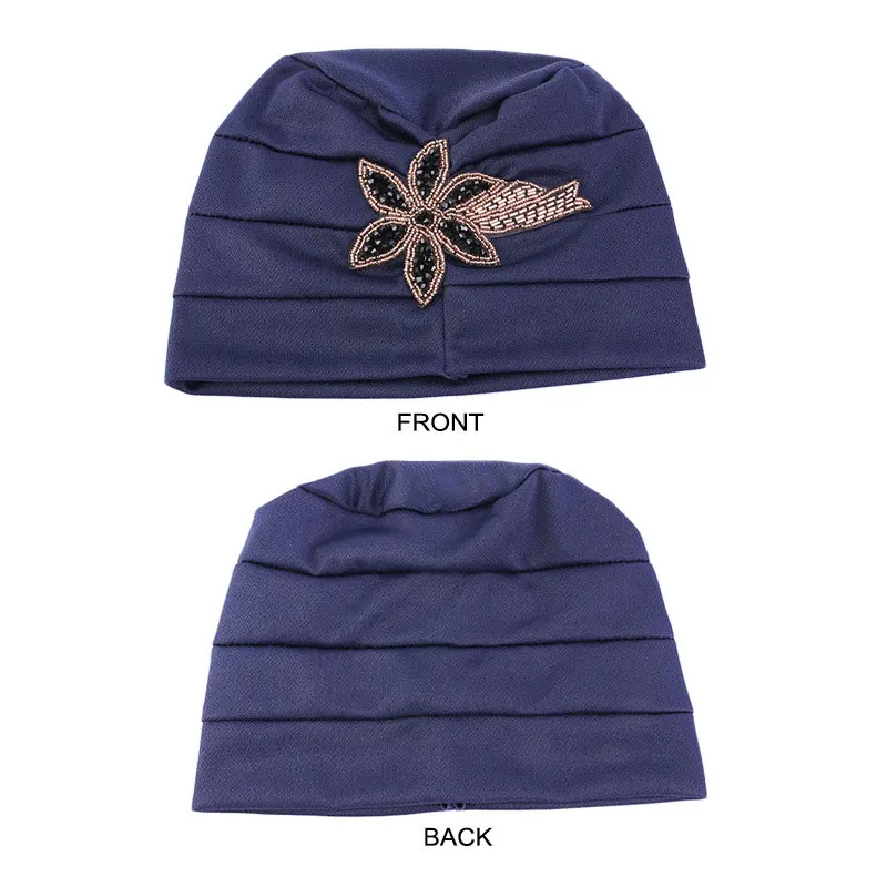 

Women Muslim India Cap Head Wrap Bandanas Scarf Headwear Stretch Turban Beanie Skullies Inner Hats Chemo Cap With Beads Flower