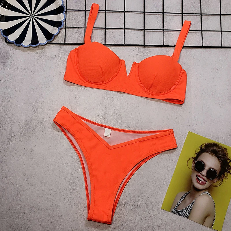 

Push up Bikini 2019 Female Sexy Swimwear Women High leg Bikini set V cut Orange Pink Green Swimsuit Bathing suits Monokini