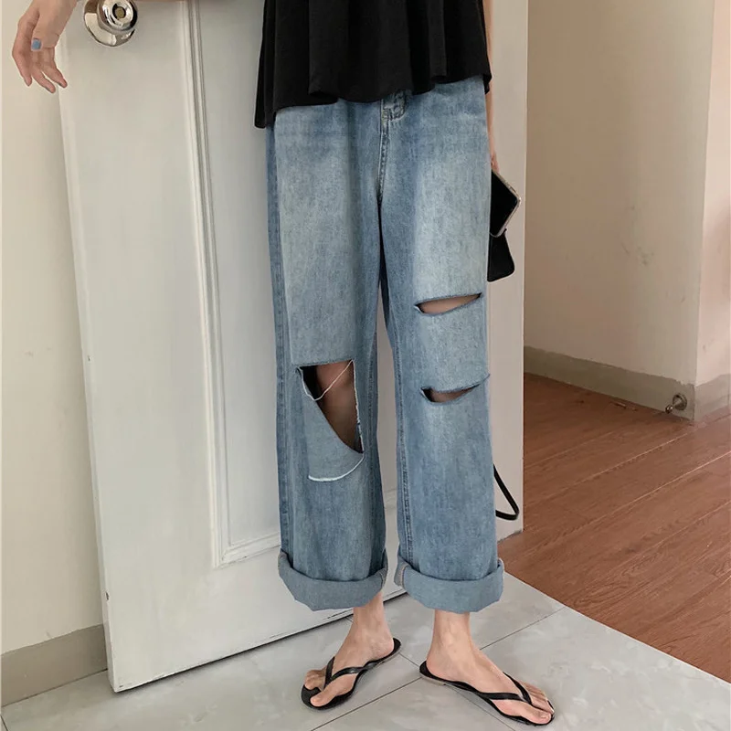 

Varofi Ripped straight leg jeans for women's loose plus-size trousers women jeans baggy jeans women jeans ripped jeans for women