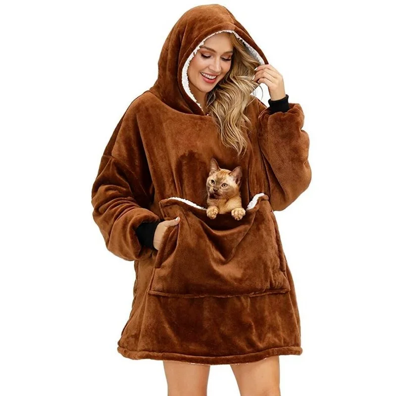 

Новое одеяло с капюшоном и карманом для домашних животных с рукавами, зимнее теплое фланелевое одеяло, уличная Толстовка для взрослых