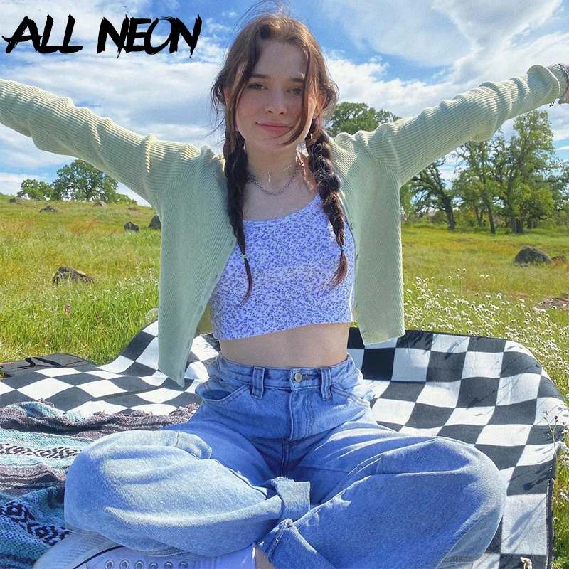ALLNeon E girl/укороченные топы на бретельках с цветочным рисунком Y2K Модные фиолетовые