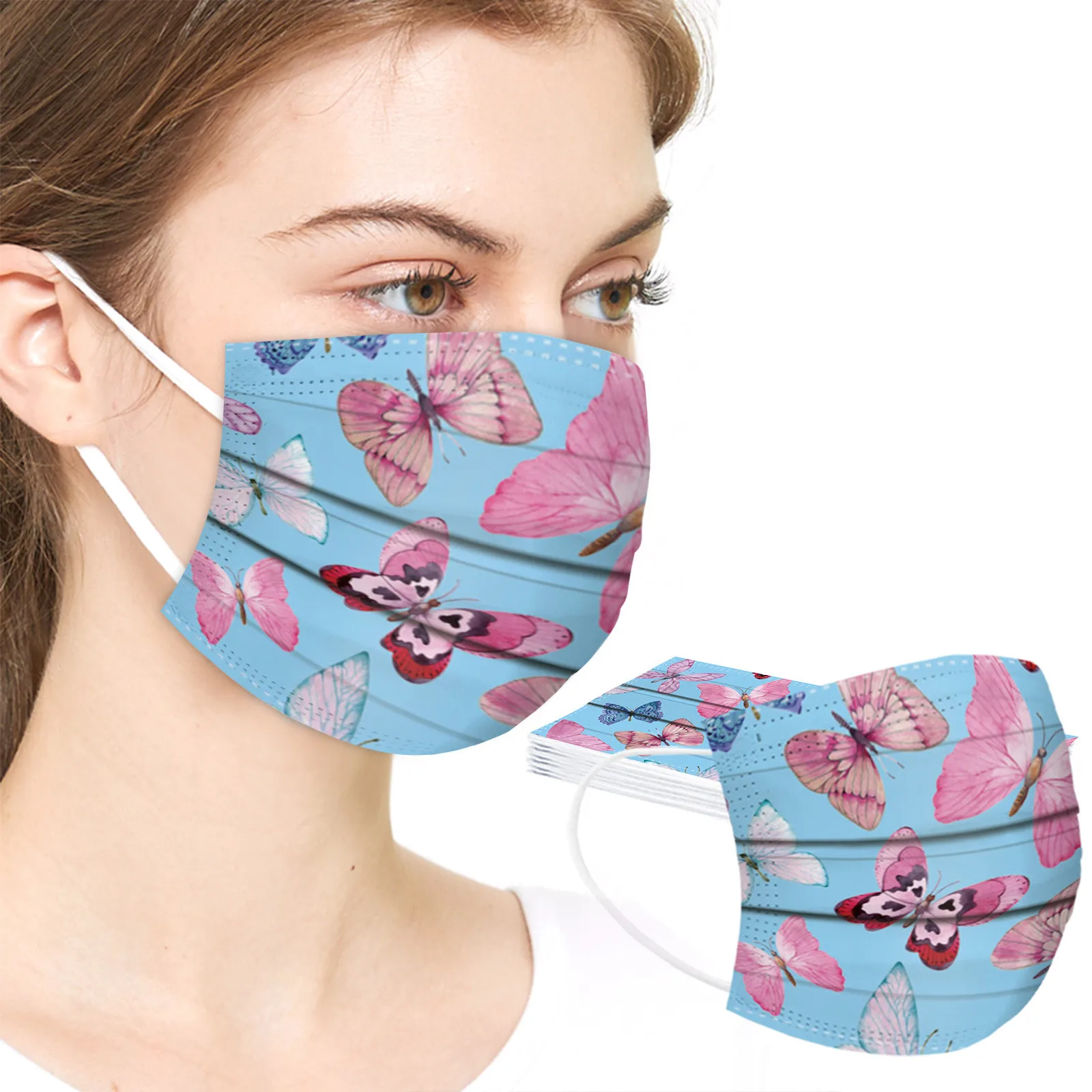 Маска одноразовая из нетканого материала с принтом бабочки для взрослых 50 шт. -