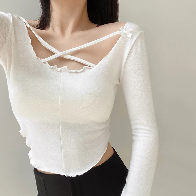 

Women Scoop Neck Long Sleeved Crop Top With Cross Front And Lettuce Edge Trim Details A Little See Through Sexy Crop Top