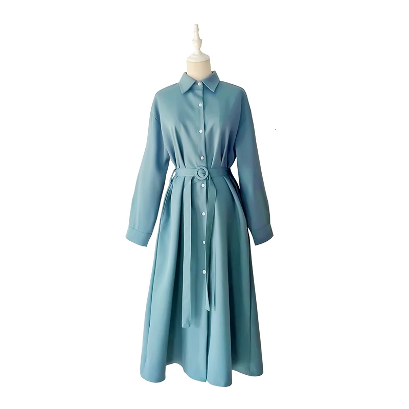 

Женское винтажное платье-рубашка, однотонное Вечернее Платье макси с длинным рукавом, повседневная одежда в Корейском стиле на осень, 2019