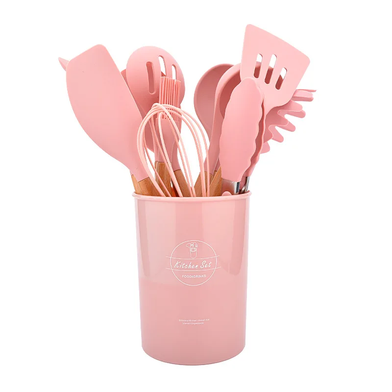 

Straight wood handle silicone kitchenware 12 piece set kitchen non stick pot cooking shovel Spoon Set DIY Baking Set
