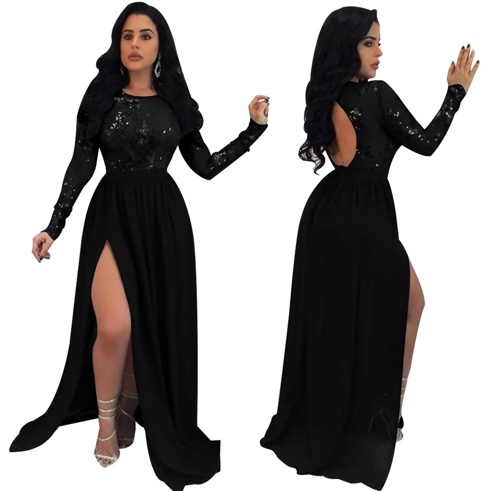 black dress Adogirl, сексуальное платье с открытой спиной, прозрачное, с блестками, для ночного клуба, с круглым вырезом, с длинным рукавом, с высоким разрезом, макси, вечерние платья, Vestido - Цвет: black dress