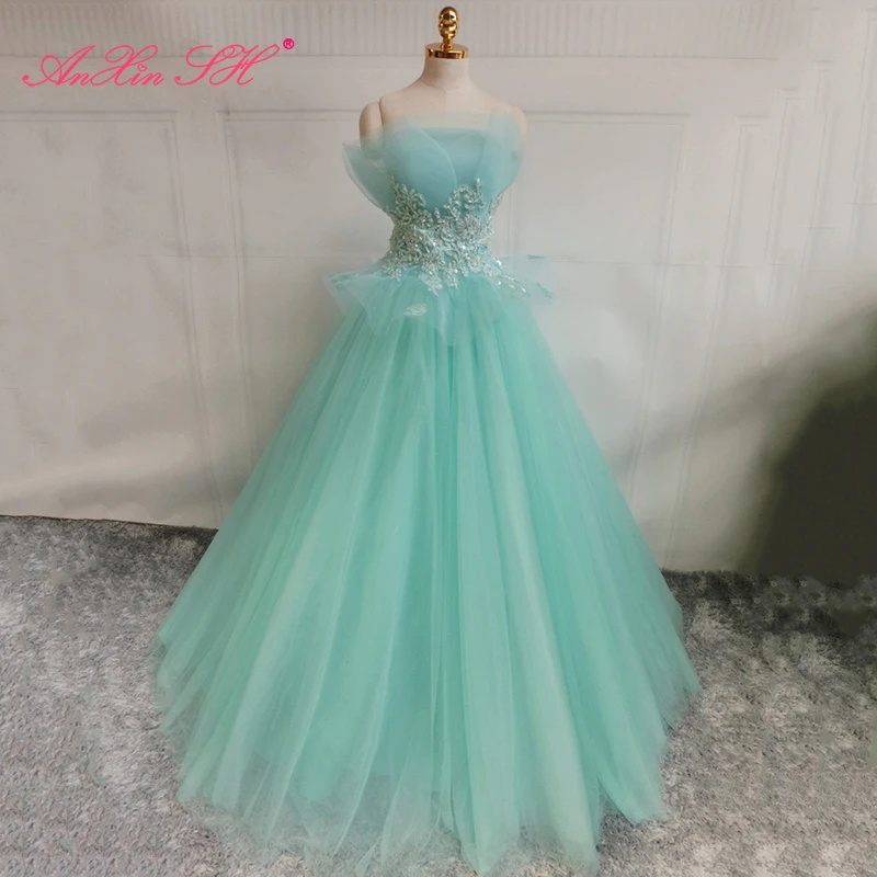 

AnXin SH принцесса lack синее кружевное цветочное вечернее платье винтажное вечернее платье с бисером без бретелек с оборками
