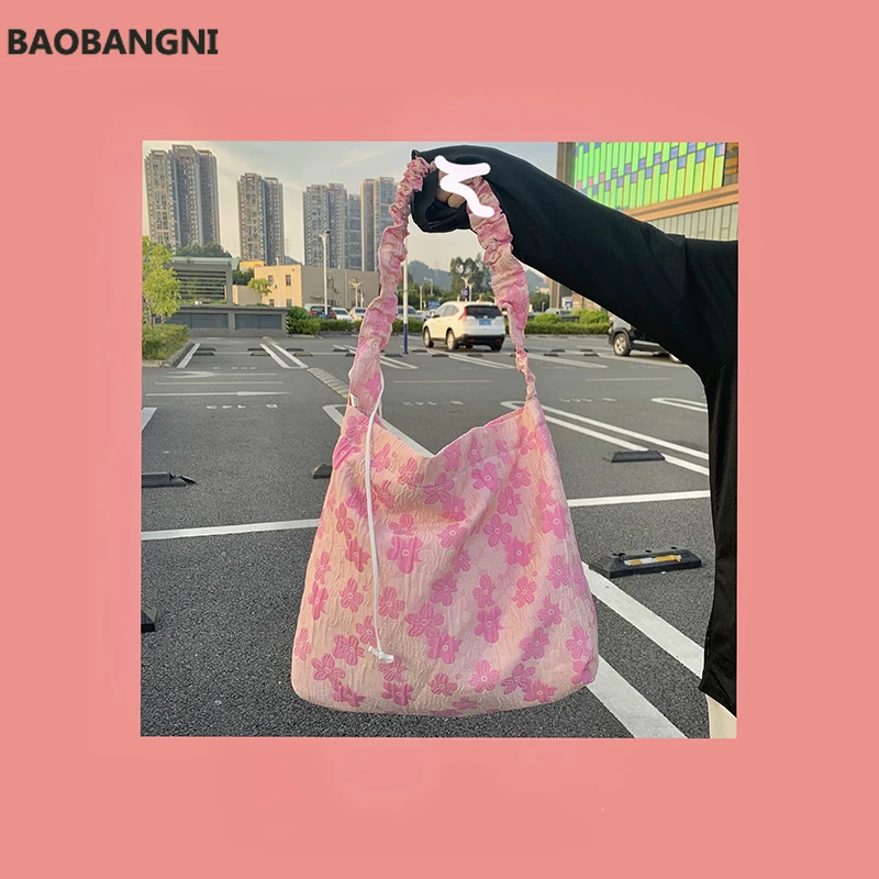 

Fashion Pleated Women Messenger Bag Pink Flowers Girls Student Casual Tote Handbags Large Capacity Ladies Travel Shoulder Bags