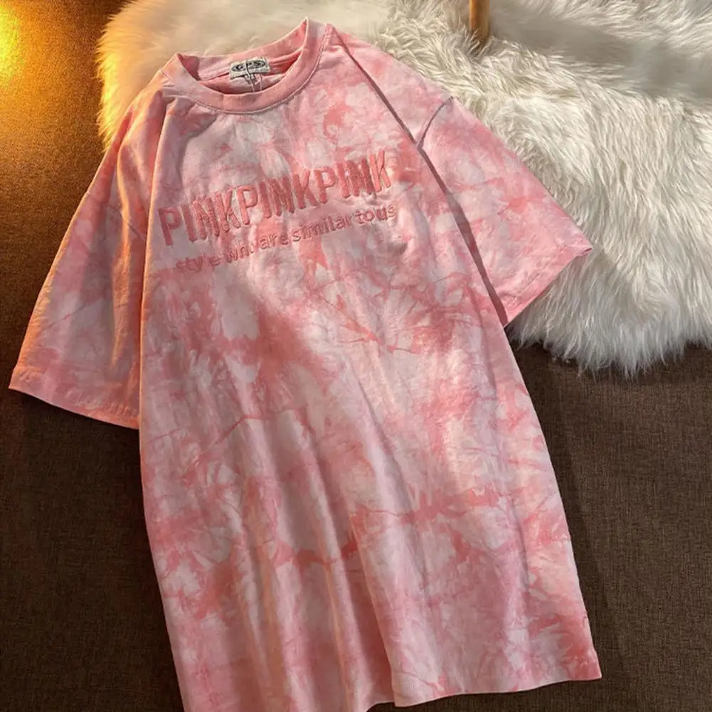 

Summer new fashion women's round neck T-shirt letter embroidery tie-dye printing short-sleeved loose top