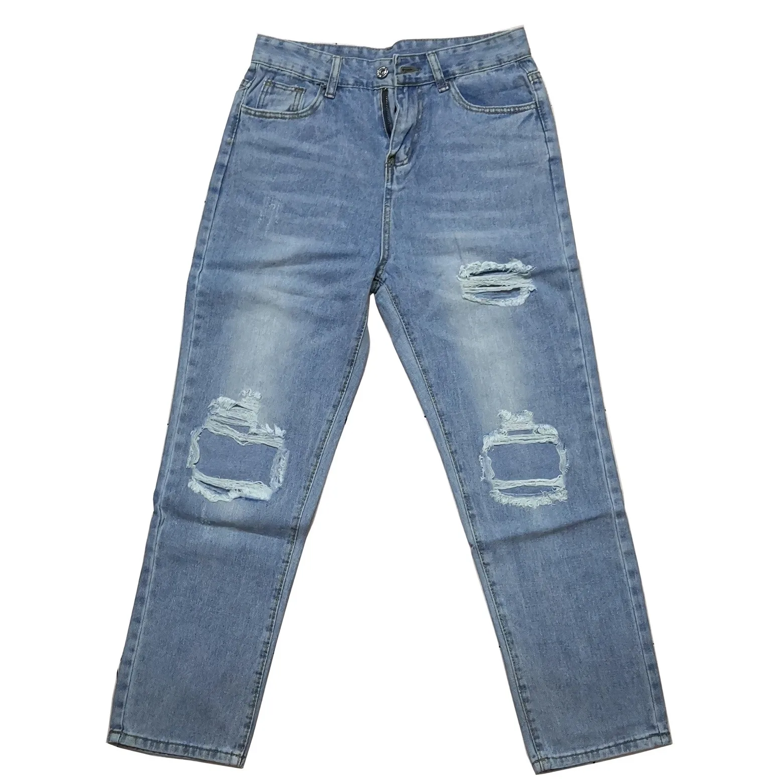 

ISHOWTIENDA Ripped Jeans For Women Solid Color Blue Hole High Jeans Flares Ankle Fashion Pants Trouser