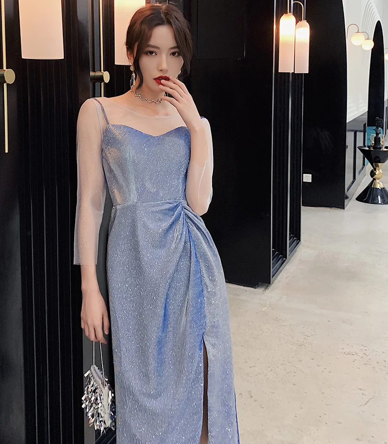 AnXin SH принцесса синее кружево Иллюзия о-образный вырез длинный рукав Сверкающее