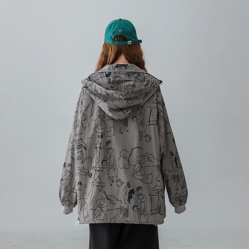 

2021 Summer Cartoon Graffiti Printed Sunscreen Shirts Women Zipper Jacket Sun Protection Outwear Thin Hooded Coats Cute Harajuku