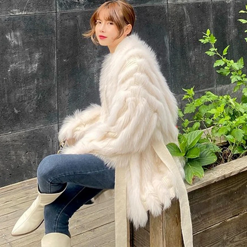 Women Real Fox Fur Knitting OverSize Loose Spring Fox Fur Strip Sewed Together Outside Decoration Lady's Fashion Sweater Coat