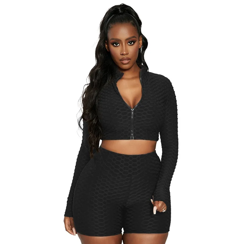 

Summer Long Sleeve Crop Tops Shorts Suits Sports Spring Women Two Piece Sets Fashion Casual Solid Pineapple Plaid Bodycon Outfit