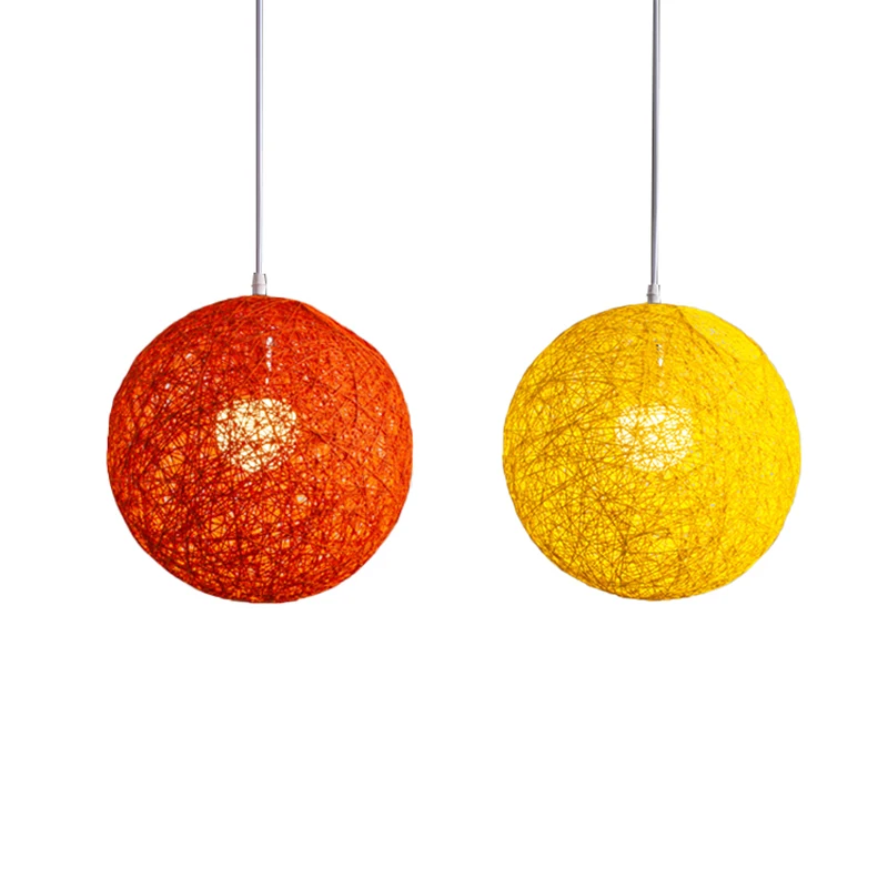 

2 Pcs Bamboo, Rattan And Hemp Ball Chandelier Individual Creativity Spherical Rattan Nest Lampshade - Orange & Yellow