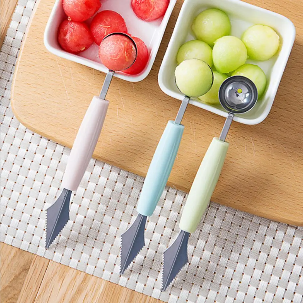 Cuchillo de acero inoxidable de doble cabeza 2 en 1 para tallar fruta, sandía, helado, cuchara, cuchara, accesorios de cocina para el hogar