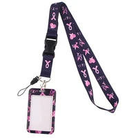 yl201 pink ribbon breast cancer woman key lanyard badge holder car keychain personalise id card pass gym mobile phone key ring