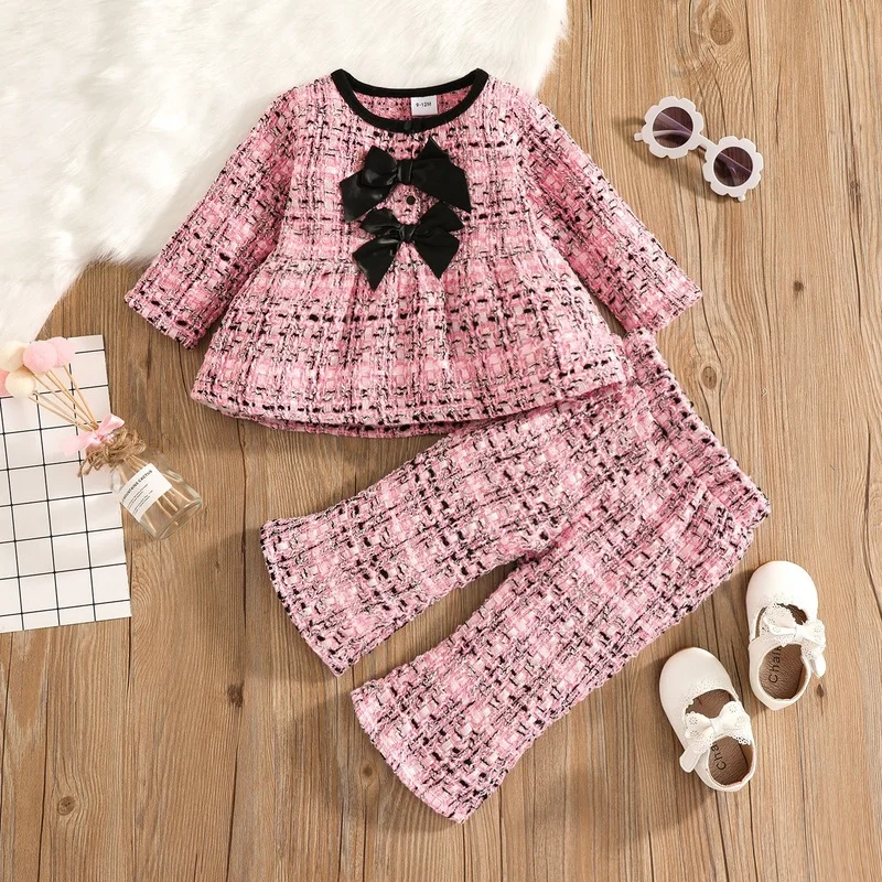 

Autumn and winter retro girls pink bow small incense style pattern suit