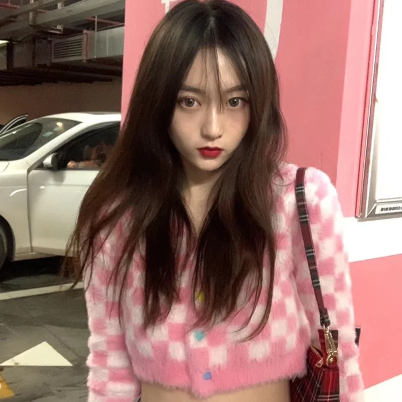 

Korean Version of The Belly Button Sweater American Retro Pink Hyuna Loli Girl Soft Cute Artificial Mink Cardigan Jacket Women