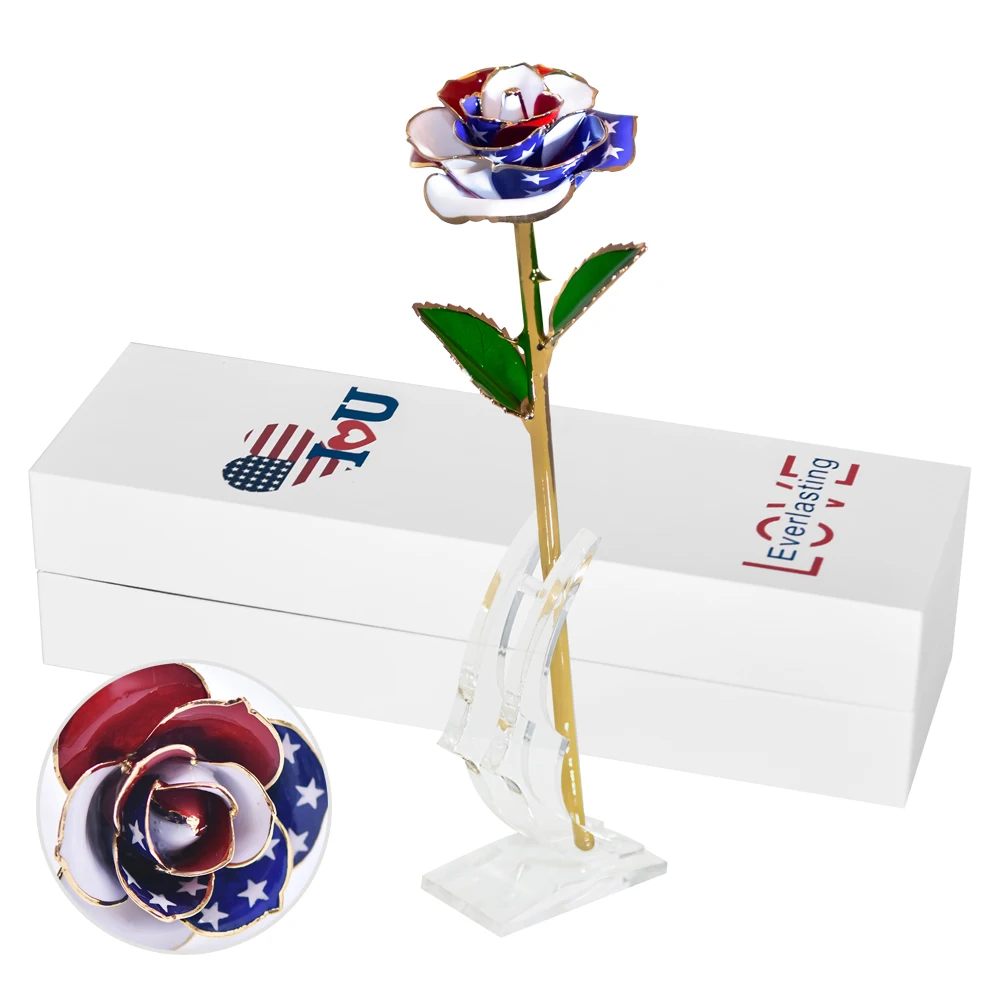 

American Flag 24K Rose Gold Decoration Home Long Stem Artificial Flower Gold Dipped Rose Gift Box Christmas Birthday Gifts