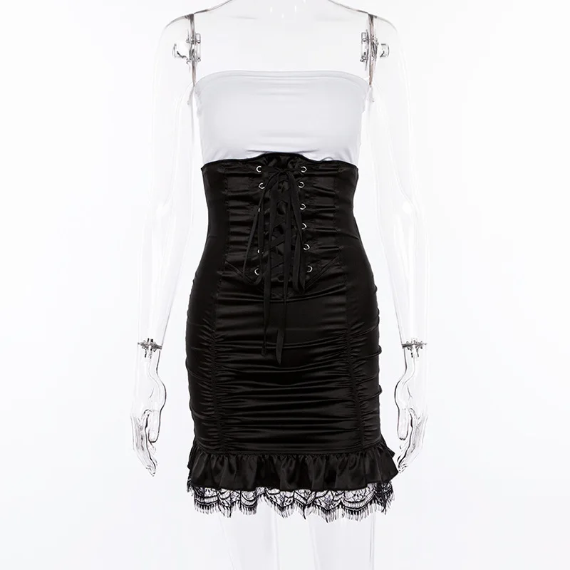 

2020 Autumn Straps Hole Pleated Lace Edge Stitching High Waist Hip Skirt Women Faldas Mujer Moda 2020 Skirts Womens Gothic Skirt