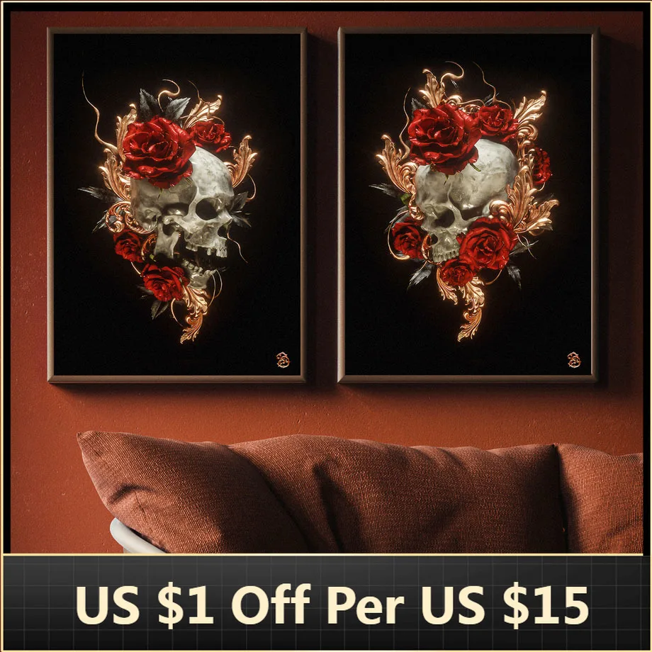 Картина на холсте Череп роза цветок современная мода абстрактное настенное