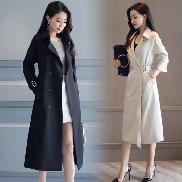 Autumn Spring Women Double Breasted Long Trench Coat With Belt Casual Office Lady Business Casual Outwear Black Khaki Red