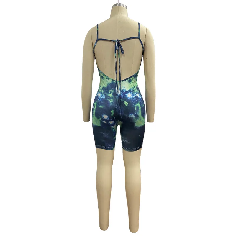 

Spaghetti Strap Casual Short Playsuit For Women Tie Dye Print Backless Bandage Jumpsuit Fashion Sleeveless Plus Size Body Suits