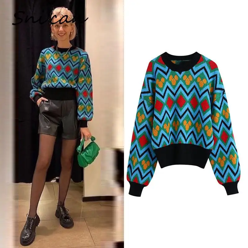 

Blue Argyle Knitted Sweater Za 2021 Women Fashion Autumn Winter O Neck Long Sleeve Pullover Femme Chandails Casual Loose Tops