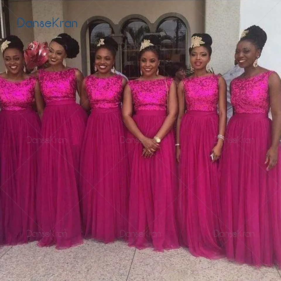 

Fuchsia Sequin Top Bridesmaid Dresses African Boat Neck Shiny Wedding Party Dress Tulle Skirt A-Line Dress For Wedding Guest