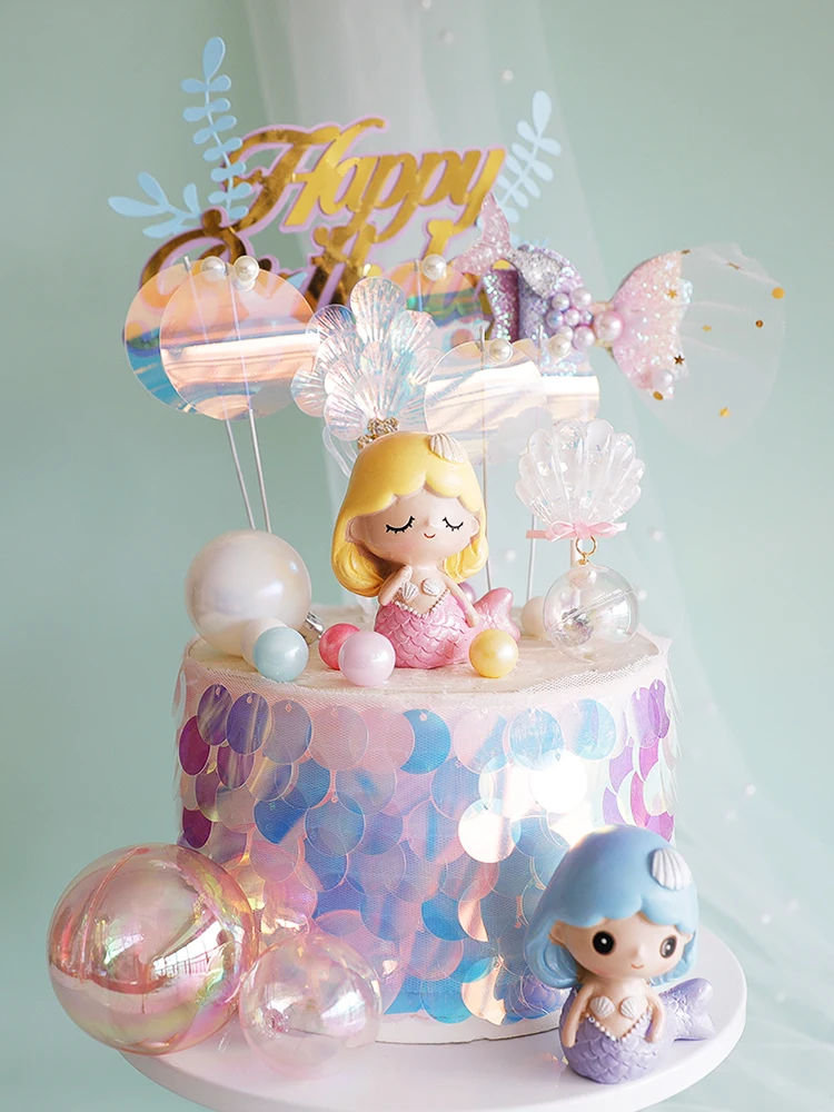 

1 Suit Baby Shower Mermaid Doll Decoratio Cake Topper Ocean Theme Party HAPPY Birthday Party Dessert Plug-in Decoration Supplies