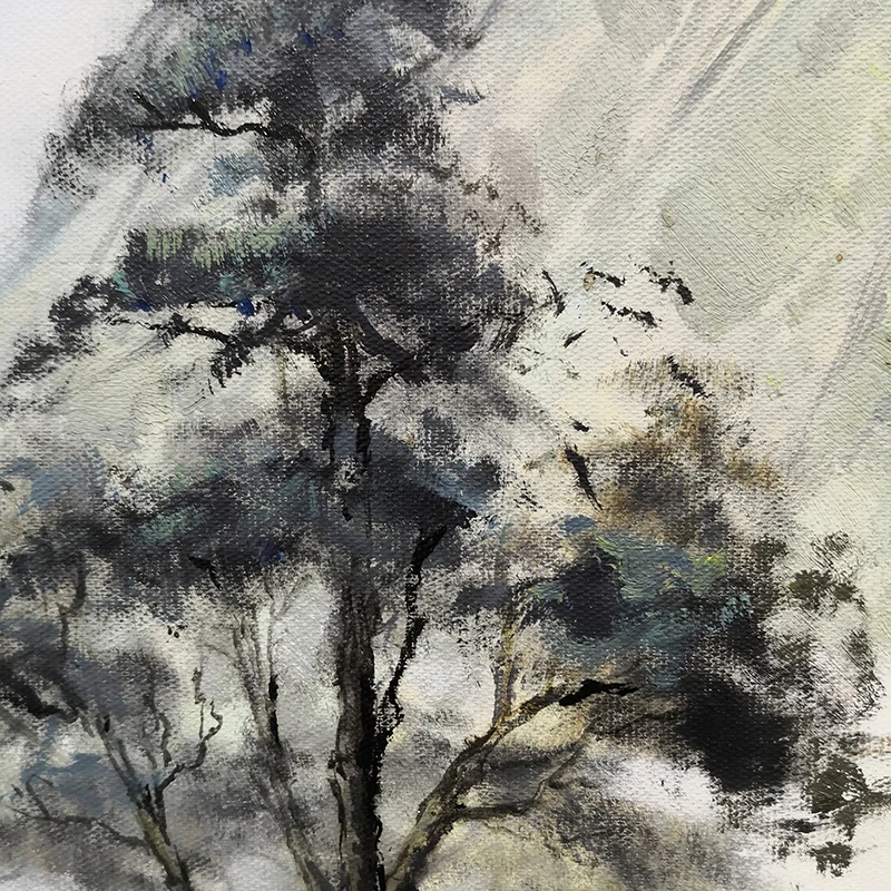 

Handpaint by Oil China Ink Mountain Tree Landscape Painting for Decoration