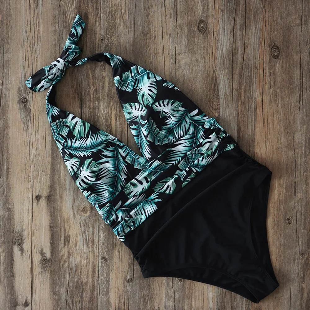 Women's one-piece swimsuit backless flower retro sexy beach dress 2021 deep V-neck |