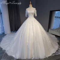 luxury wedding dresses half sleeve tube top lace applique charming gowns handmade beads court train vestido de noiva