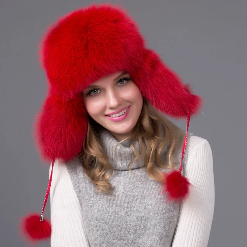 Fashion Trendy Winter Real Fox Fur Bomber Hats Adults Unisex Black Beanies Fluffy Cap Multi Color Raccoon Fur Female Men Hat