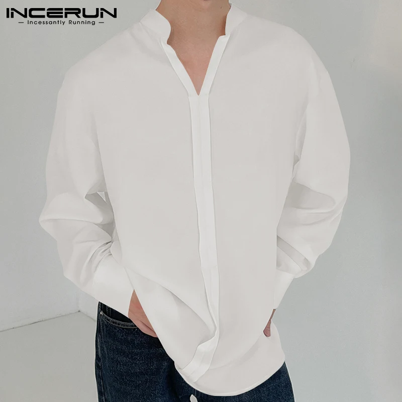 

INCERUN Tops 2022 Korean Style Fashion New Men's Stand-up Collar Blouse Long-sleeved Hot Sale Comeforable Buttonless Shirt S-5XL