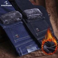 shan bao 2021 winter brand fitted straight jeans classic style badge fleece thick and warm youth mens slim denim jeans