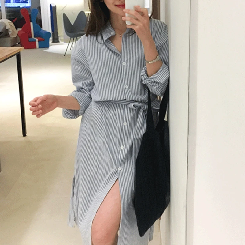 Женское свободное однобортное платье в полоску Элегантное повседневное с