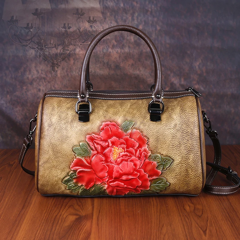 

Genuine Embossed Leather Handbag Shoulder Cross body Bags Female Floral Retro Multi-Capacity Shopping Women Tote Messenger Bag
