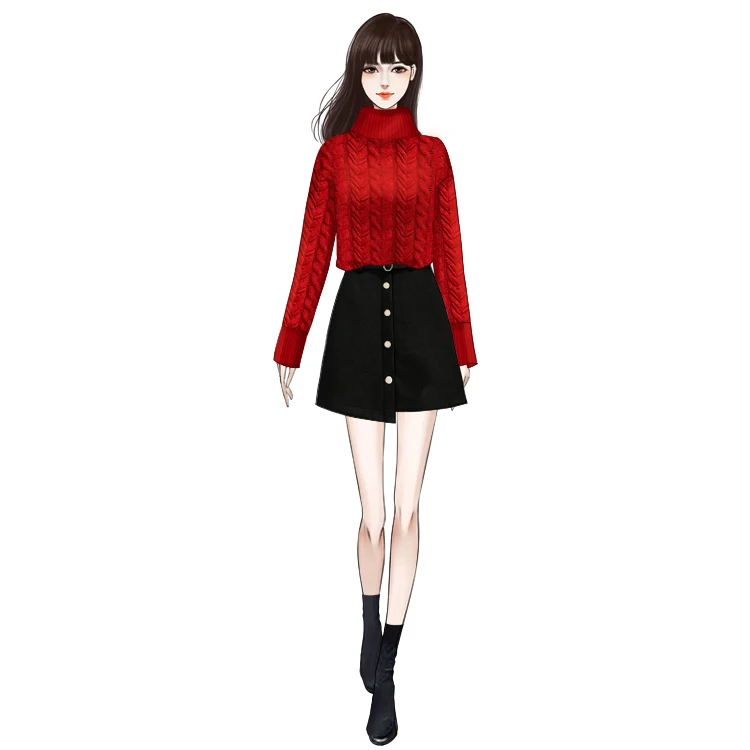 

New Winter Turtleneck Twist Top Set Loose Languid Lazy Sweater Tweed Skirt Suits Two Pcs Clothing Set Knitwear Outfit Red Black