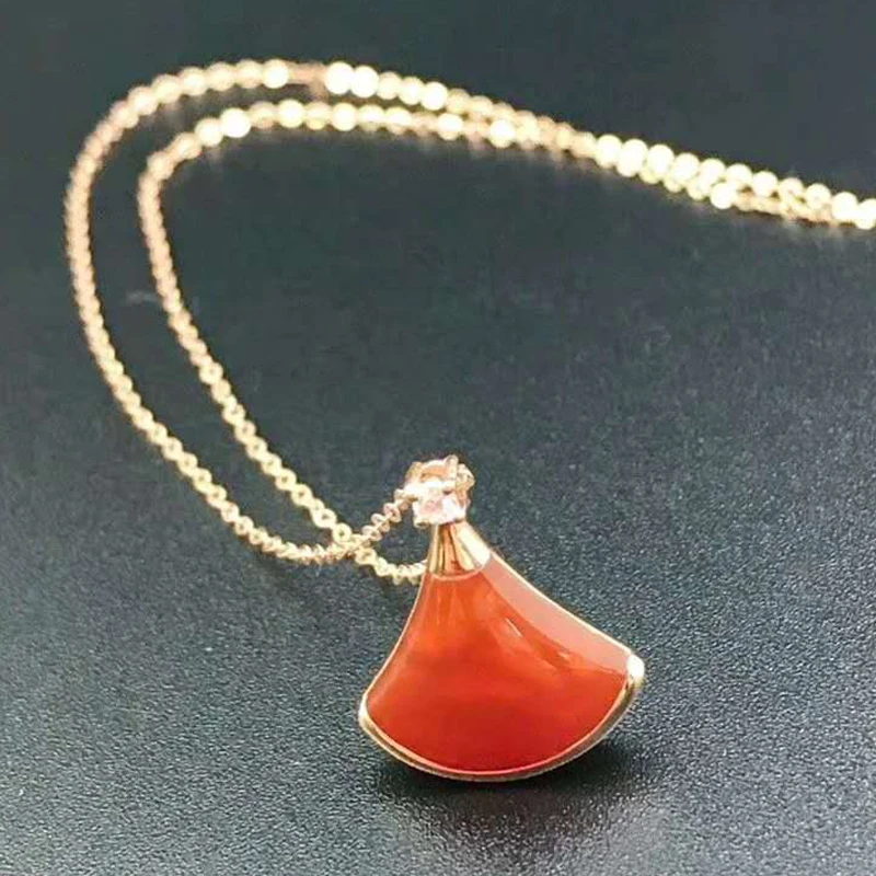18K Rose Gold Real Diamond Women Pendant Necklaces Skirt Fan Red Agate Wedding Party Engagement Anniversary Birthday | Украшения и