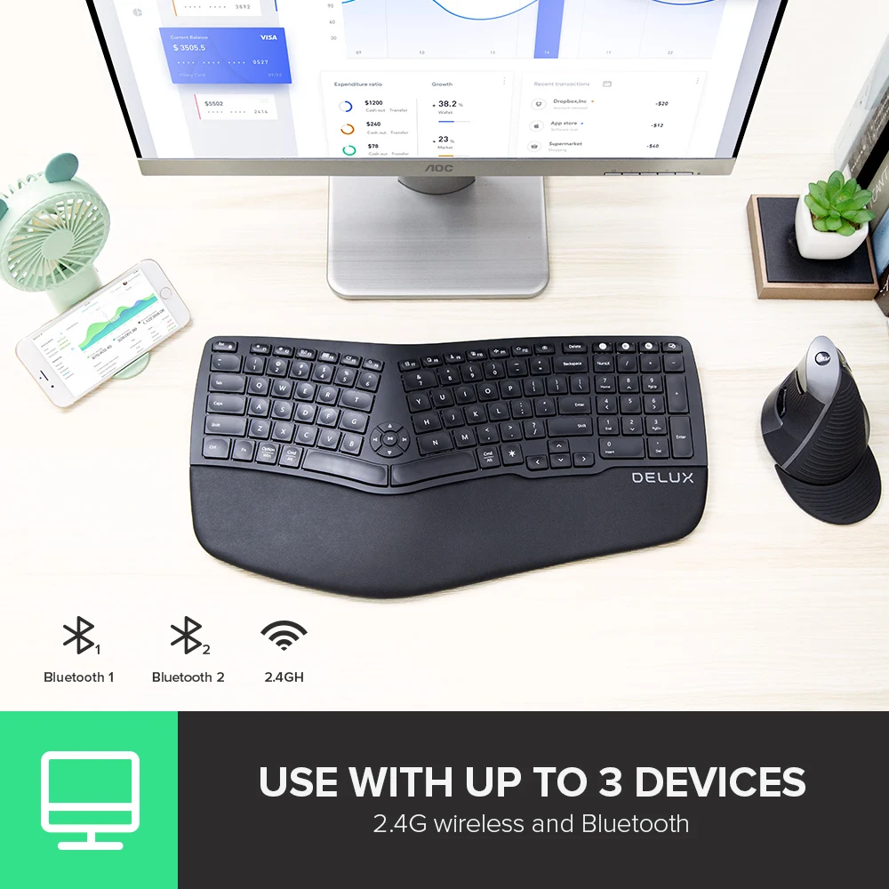 delux gm902 ergonomic wireless keyboard 2 4ghz  bt scissor switches rechargeable  keypads for