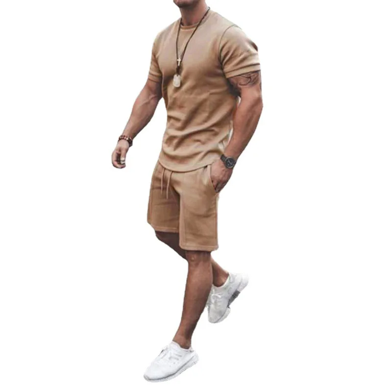 

2 Pieces Suit Set, Male Solid Color Round Neck Short Sleeve T-Shirt+ Shorts with Pocket